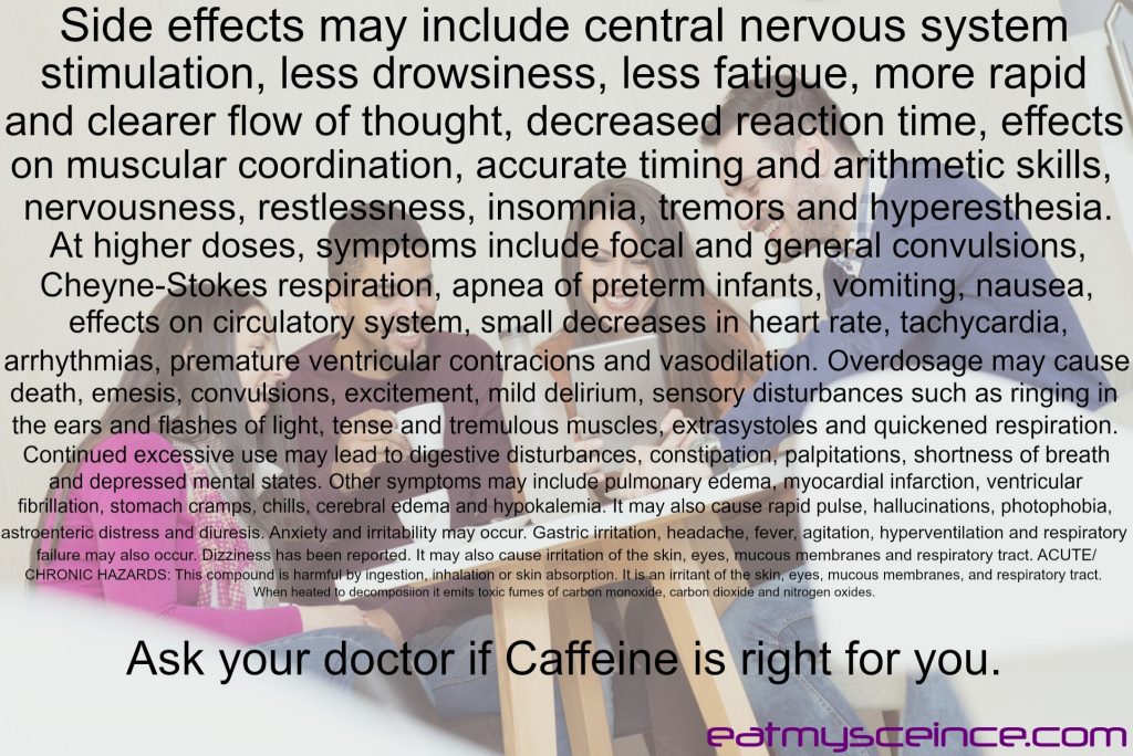 central nervous system stimulation, less drowsiness, less fatigue, more rapid and clearer flow of thought, decreased reaction time, effects on muscular coordination, accurate timing and arithmetic skills, nervousness, restlessness, insomnia, tremors and hyperesthesia. At higher doses, symptoms include focal and generalized convulsions, Cheyne-Stokes respiration, apnea of preterm infants, vomiting, nausea, effects on circulatory system, small decreases in heart rate, tachycardia, arrhythmias, premature ventricular contractions and vasodilation. Overdosage may cause death, emesis, convulsions, excitement, mild delirium, sensory disturbances such as ringing in the ears and flashes of light, tense and tremulous muscles, extrasystoles and quickened respiration. Continued excessive use may lead to digestive disturbances, constipation, palpitations, shortness of breath and depressed mental states. Other symptoms may include pulmonary edema, myocardial infarction, ventricular fibrillation, stomach cramps, chills, cerebral edema and hypokalemia. It may also cause rapid pulse, hallucinations, photophobia, gastroenteric distress and diuresis. Anxiety and irritability may occur. Gastric irritation, headache, fever, agitation, hyperventilation and respiratory failure may also occur. Dizziness has been reported. It may also cause irritation of the skin, eyes, mucous membranes and respiratory tract. ACUTE/CHRONIC HAZARDS: This compound is harmful by ingestion, inhalation or skin absorption. It is an irritant of the skin, eyes, mucous membranes and respiratory tract. When heated to decomposition it emits toxic fumes of carbon monoxide, carbon dioxide and nitrogen oxides